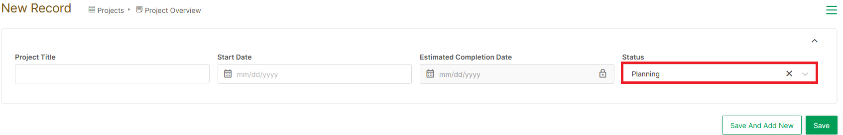 when creating a new record the default value of planning is automatically populated in the status field.png