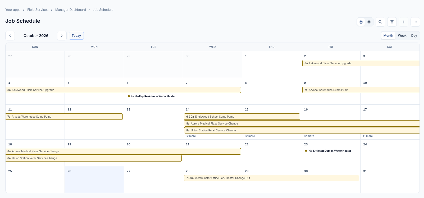 Calendar view showing the view title and description above the calendar, the month navigator at the top left, and records on several days