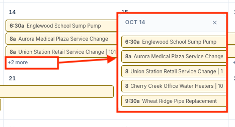 A day showing 3 records and "+2 more", with the pop-up open listing all 5 records