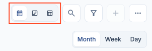 View toolbar with the Display mode switcher highlighted, showing Calendar, Timeline, and Grid