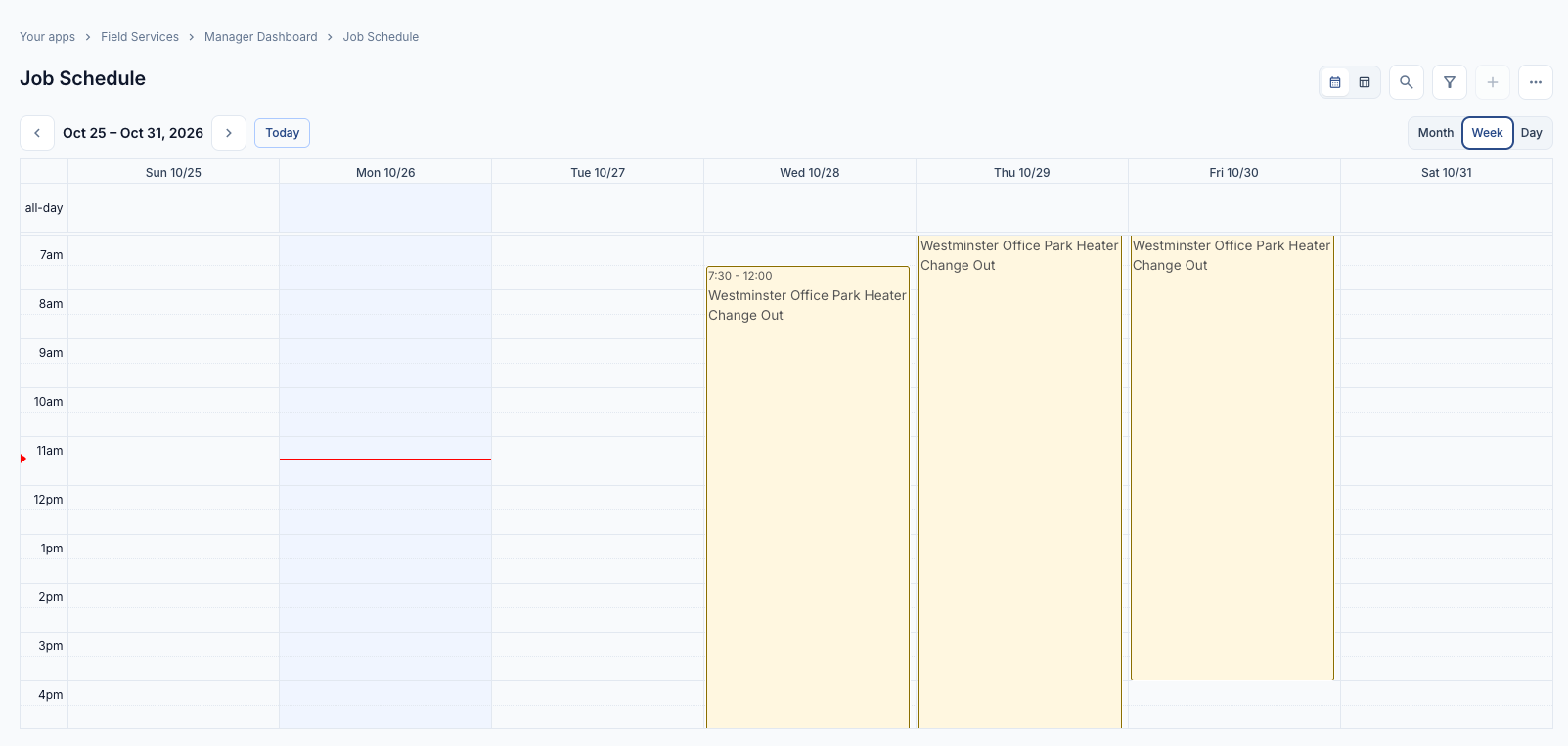 Week span showing the all-day row with a date-only record and a timed record placed at its hour