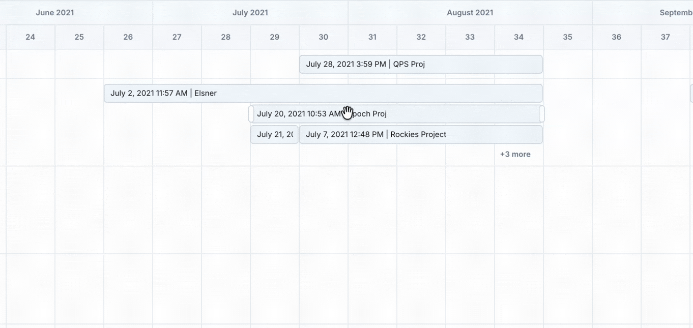 Timeline view with one bar being dragged to new dates, showing the grab hand and the outlined, faded bar.